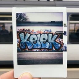graffiti on paris train with kerek letters, photorealistic, polaroid photo