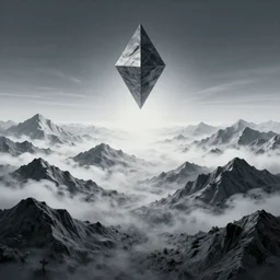 mountains made of a vaporwave explosion, a portal to a vaporwave paracosm, one single upside down pyramid floating above!!!!, rule of thirds, clean linework, dramatic, moody, introspective, cinematic, award winning, 4 k, trending on artstation, photorealistic, volumetric lighting, octane render