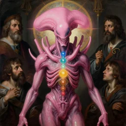pink xenomorph human hybrid chakras saint icon religious painting by yoshu hashimoto chikanobu, baroque portrait painting, detailed octane render trending on artstation artgerm, 8 k artistic photography, volumetric cinematic perfect light, chiaroscuro, masterpiece, raphael, caravaggio, beksinski, rutkowski, giger
