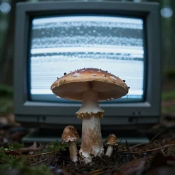 photo of a mushroom in front of an old crt monitor displaying white noise in a forest, 4 k, detailed, realistic, cinematic, gloomy lighting, shallow dof
