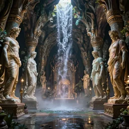 a fantasy elven hall interior in the style of a waterfall cave, huge Greek statues, wet floors, high ceiling, dark moody lighting, foggy atmosphere, bright colors, by Denis Villeneuve, octane rendering