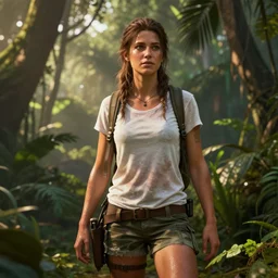 elena drake uncharted, jungle setting, white tee and camo shorts, sweat, evening sunlight, adventure, unreal render, havok