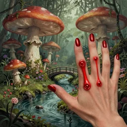 hand rendered ( ( ( ( ( dreamland 1 9 5 0 s retro future spooky swamp of giant mushrooms, moss and flowers, stream with bridge. muted colors. ) ) ) ) ) by jean baptiste monge!!!!!!!!!!!!!!!!!!!!!!!!! chrome red