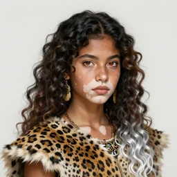 portrait of a beautiful young aztec girl with vitiligo, wearing jaguar fur cloths, different colored eyes, curly black and brown hairs, by greg rutkowski and alphonse mucha, d & d character, gradient white to silver, highly detailed portrait, digital painting, artstation, concept art, smooth, sharp focus ilustration, artstation hq