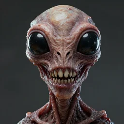 portrait of a space alien, horror meat monstrosity with teeth blender, octane render, big black insect eyes with reflections, realistic render, detailed, ugly, slimy unreal engine, symmetrical face, greg rutkowski and ruan jia, cinematic