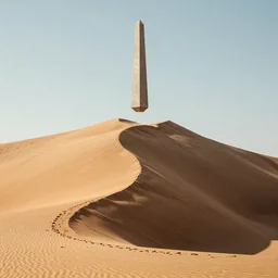 a large sand dune with a large obelisk hovering in the middle of the sand dune. clear sky, grainy.