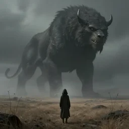 concept art of a small hooded figure standing in a barren field looking at a colossal beast, by Jessica Rossier + Andreas Rocha, dark, epic, masterpiece