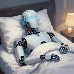 { artificially intelligent robot waking up and becoming aware of their own existence too early in the morning }, humor image painted by self - aware stable score - based generative inverse diffusion model ( me ) trending on artstation, realistic lighting