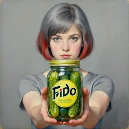 a girl with short grey hair and short red hair proudly holding a fido jar into the camera. the fido jar is filled with green pickles. painting by lise deharme, by virgil finlay