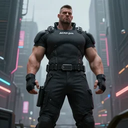 A broad shouldered, muscular man in an Acronym techwear outfit, Acronym P31-ds pants, high quality, digital art, dire cyberpunk city, gray sky, neon signs in background, greg rutkowski