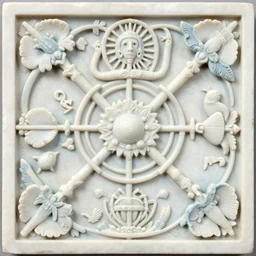 highly detailed, ernst haeckel, carved soapstone relief paneling white and pale blue