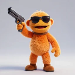 bip bippadotta as a fortnite character, wearing sunglasses, fuzzy orange puppet, in fortnite, holding a gun, 3 d unreal engine render