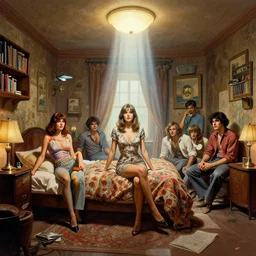 highly detailed wide - angle portrait of a retro 1 9 6 0 s bedroom, nicoletta ceccoli, mark ryden, lostfish, earl nore, hyung tae, frank frazetta, global illumination, god rays, detailed and intricate environment