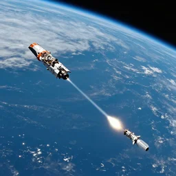 spaceship shooting multiple tracers in space near earth, realistic photo from nasa