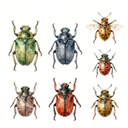 watercolour illustration of a beetles and bugs, watercolours, paint, minimalist