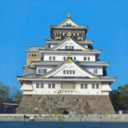 vincent di fate's 1 9 8 0 cozy, simple painting of hiroshima castle in hiroshima. cyberpunk style.