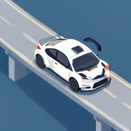 rally car driving over bridge. isometric, digital art, simplistic deco art