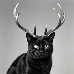 black and white vintage photograph of a black cat with antlers, deer antlers