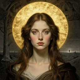 Woman masterpiece, golden halo behind her head, by Edgar Maxence and Ross Tran, Zdzisław Beksiński, and Michael Whelan, distant, gustav dore, H.R. Giger, 8k, octane render