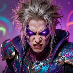 detail portrait of an angry, unkempt, evil thirty year old supervillian with light ashen hair, vivid glowing violet eyes wearing god armor, colorful, psychedelic, trending on artstation