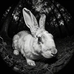 fish eye footage of a death rabbit with human face in the forest, black and white night