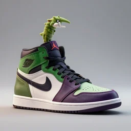 3D render of mid height air jordan sneakers with the joker colors, cinematic, studio lighting, award winning, highly detailed, 4k, hd, sharp