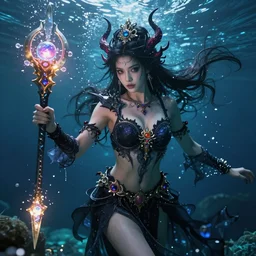 a beautiful female human god of darkness character, character is in all its glory under the water, character is centered on the image, character is holding magic weapon, rim lights, highly detailed professional photo, dynamic lights, particles and crystals are flying, very deep depth of field, trending on artstation, illustration, hyper realistic, vray caustics, super detailed, colorful accents, cinematic shot