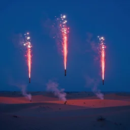 three red flares flying over a blue desert in late evening, artstation, moebius, realistic