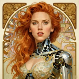 portrait of beautiful scarlet johansson with a robotic body, decorative borders, detailed machinery design, painted by mucha, jean delville, william bouguereau