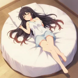 ( final draft ) anime girl resting on round bed.