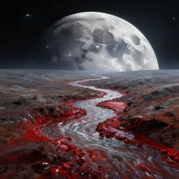 rivers of blood flooding on the moon in space digital painting, concept art, trending on artstation, highly detailed, epic composition, 8 k uhd