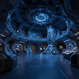 a cosmic space themed museum room, inside a spacecraft, technological, future style, dark, h. r. giger, blue color scheme, low poly, level design, sharp focus, concept art, intricate, smooth, dynamic, subsurface scattering, wide angle, horizontal orientation, very coherent, hyper realism, behance, ray tracing, 3 d render