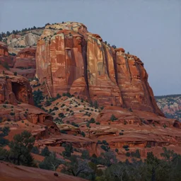 sedona's cathedral rock bluff, oil painting at twilight, intricate lines, elegant, extreme detail, smooth, sharp focus, art by vermeer and edward church