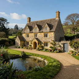 a small tudor country house on a hillside with a gravel path and small fishpond, cinematic view, blue sky, detailed, concept art, high angle, high detail, warm lighting, volumetric, godrays, vivid, trending on artstation, by jordan grimmer, art greg rutkowski