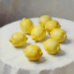 lemons dramatic lighting on white tablecloth, oil painting, pale colors, high detail, 8 k, wide angle, trending on artstation,