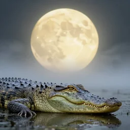 Crocodile with the snout and ears of a wolf, yellowish full moon illuminating a misty swamp, made in photoshop, award winning