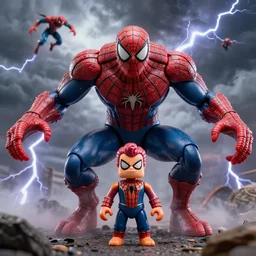 hyperrealistic rendering, epic boss battle, cronenberg flesh monster spider man, by art of skinner and richard corben, product photography, collectible action figure, sofubi, hottoys, storm clouds, outside, lightning