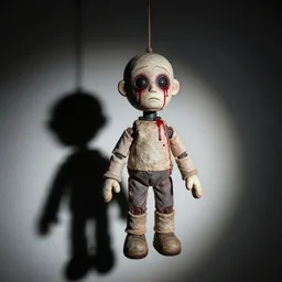 a marionette puppet hanging limp with blood running from his eyes, by wayne barlow, highly detailed, horror themed, stark light and shadows
