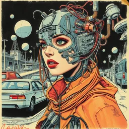 risograph grainy drawing vintage sci - fi, antagonist girl, satoshi kon color palette, face covered with robot parts and wires, wearing futuristic scaphander with lot of wires and tentacles, robot parts around and on the background, parking lot, painting by moebius and satoshi kon and dirk dzimirsky close - up portrait