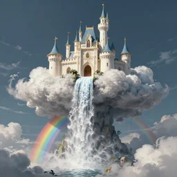concept art painting of cloud castle on top of a rainbow waterfall, low angle, highly detailed