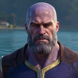 thanos closeup portrait, dramatic light, lake background, 2 0 0 mm focal length, painted by stanley lau, painted by greg rutkowski, painted by stanley artgerm, digital art, trending on artstation
