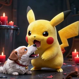 pikachu devouring a dog sharp teeth burtal eyes scary mouth dark room red candles trash bin octane unreal engine render 8k photorealistic extreme detail textured