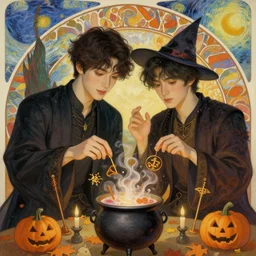 painting of young cute handsome beautiful dark medium wavy hair man in his 2 0 s named shadow taehyung and cute handsome beautiful min - jun together at the halloween witchcraft ritual using bubbling cauldron, spells, autumn colors, elegant, stylized, soft facial features, delicate facial features, art by alphonse mucha, vincent van gogh, egon schiele