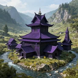 landscape, a biggest wood purple black large four cornerd traditional attic in the mountain stream, sit in the center of a building group, smaller attics and towers around, unreal engine, hyperdetailed, archdaily, artstation, 4 k