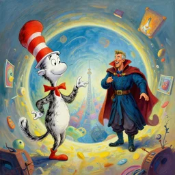 a beautiful painting of the third first image on the scattered absurdity server, dr seuss, and dr strange, very pretty, portal hopping and time warping with wild reckless abandonmade, colorful, contrast, 3 d scene, greg rutkowski, zabrocki, karlkka, jayison devadas, trending on artstation, 8 k, ultra wide angle, zenith view, pincushion lens effect
