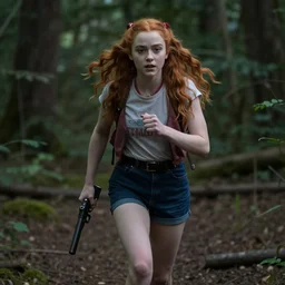 Sadie Sink (Maxine Mayfield) for Stranger Things holding a gun and running in a forest, dramatic lighting, cinematic, establishing shot, extremely high detail, photo realistic, cinematic lighting