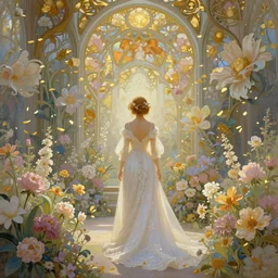 breathtaking detailed soft painting of a full body shot of a bride viewed from behind in a long dress of pure light, in a sunlit luxurious flower garden art nouveau cathedral on a wedding day, covered in pastel flowers with golden petals flying, rule of thirds, german romanticism, rembrandt style, elegant, volumetric lighting, highly detailed, artstation, concept art, matte, sharp focus, art by Tom Bagshaw, Alfons Mucha