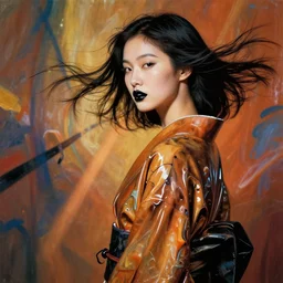 filmstill, over the shoulder, upper body, photography of asian girl model, highly detailed, 8 k, ultra realistic, photography by amy leibowitz, black lips, black ribbons in the wind, latex kimono, warm colors, sculpture, volumetric light, lightbeams, art noveau style, neobrutalistic, liquid acrylic paint fluid, painted by monet and kandinski, photography, hypperrealistic, beautiful details, smooth illustration