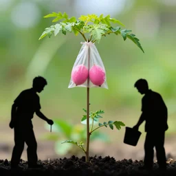 black silhouettes of men in a garden growing plants with two pink and round nuts in a bag hanging on top of plant
