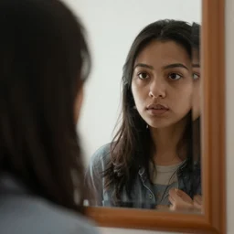 a hyperdetailed and sharp photo of a person looking into a mirror